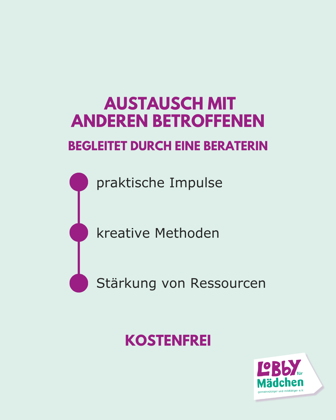 Austausch mit anderen Betroffenen, begleitet durch eine Beraterin. Praktische Impulse, kreative Methoden, Stärkung von Ressourcen. Kostenfrei